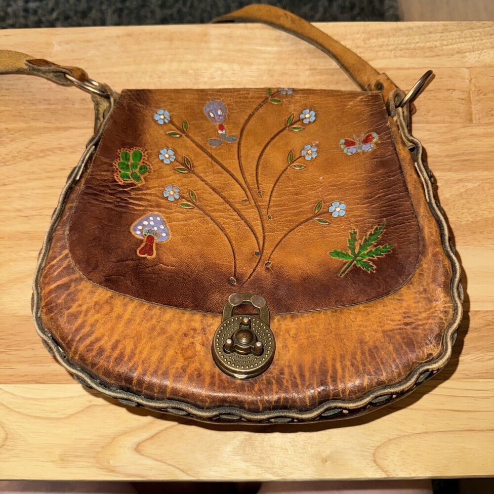 Vintage 70s Handmade Tooled Bronze Clasp Leather Handbag Purse Flowers Hippies